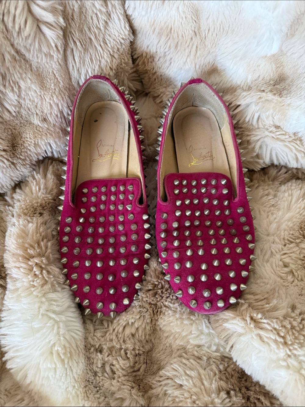 Christian Louboutin Fuchsia Suede Studded Loafers